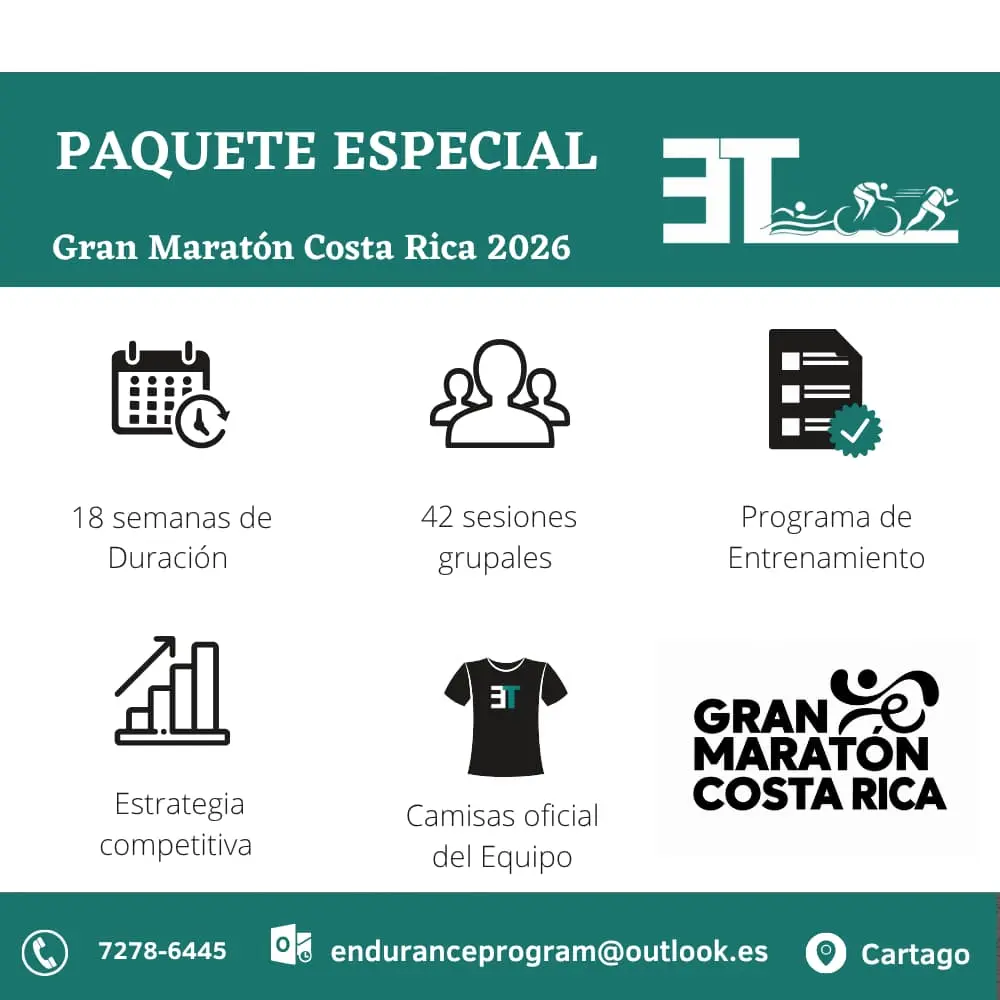 Paquete especial Gran Maratón Costa Rica 2026: 18 semanas de duración, 42 sesiones grupales, programa de entrenamiento, estrategia competitiva y camisas oficiales del equipo