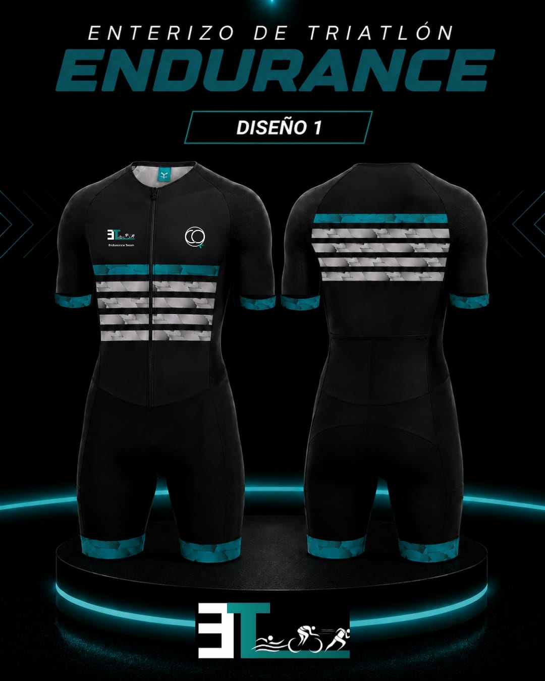 Enterizo de triatlón Endurance Team, Diseño 1, negro con franjas plateadas