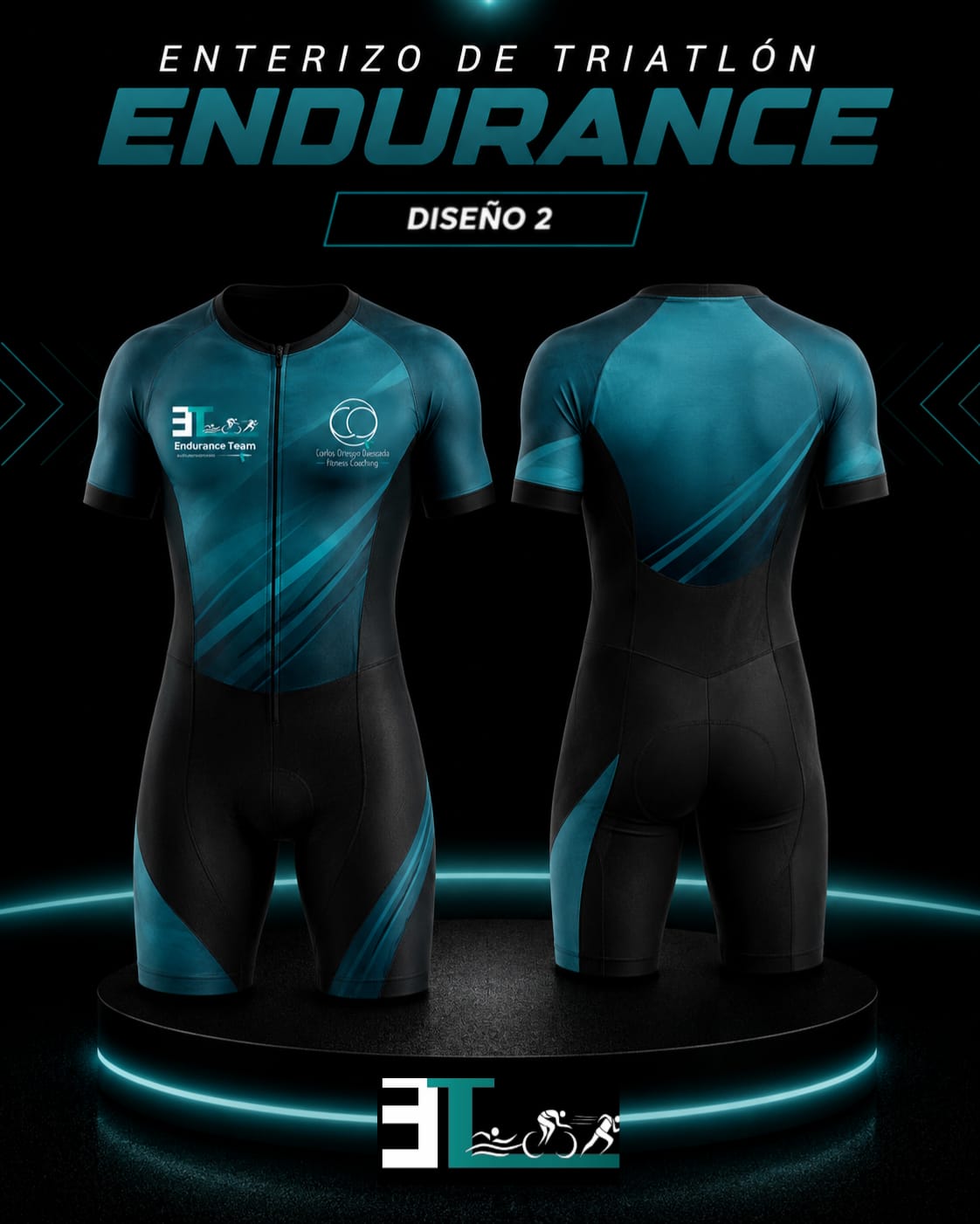 Enterizo de triatlón Endurance Team, Diseño 2, degradado negro y turquesa